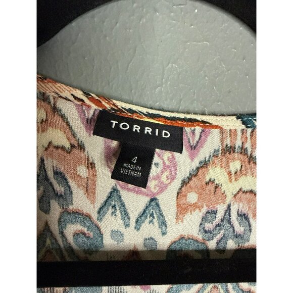 Torrid Womens 4X Tan Purple Printed Short Sleeve Gauze Smocked Surplice Wrap Top - Picture 4 of 11